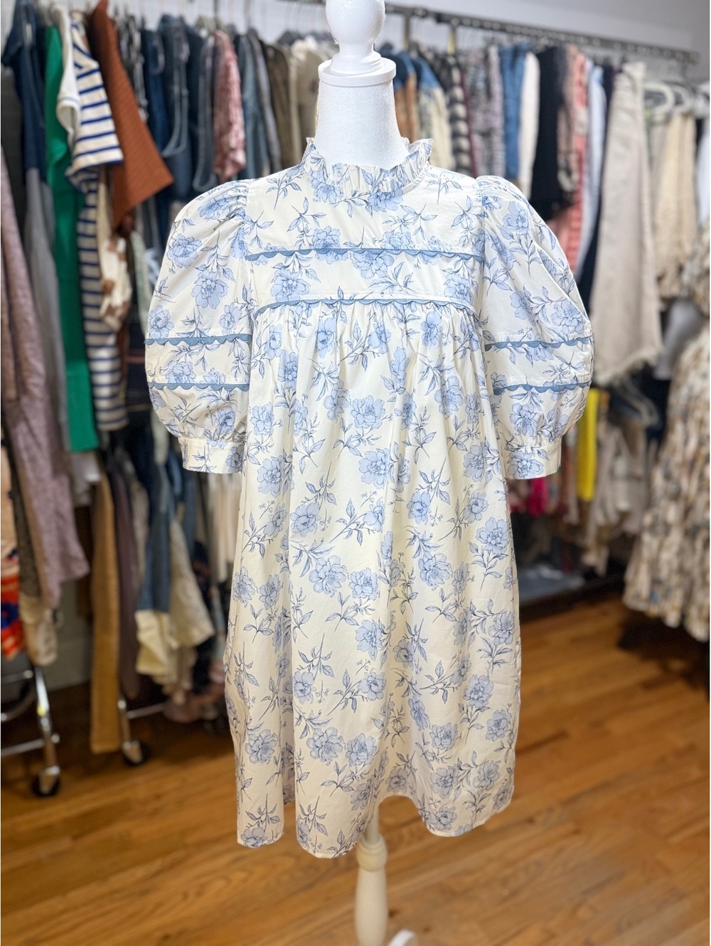 MEET ME IN SANTORINI Azure Floral Puff Sleeve Mini Dress NWT XS